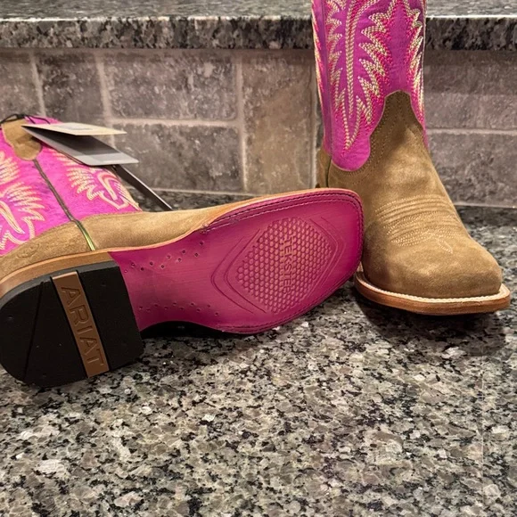 Ariat Women's Vibrant Pink and Tan Heeled Boots - Picture 5 of 9
